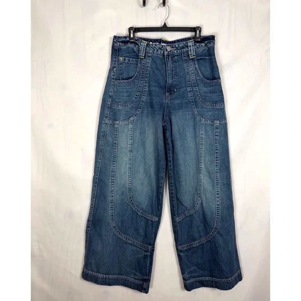 ALAB Wide Leg Jeans Womens 14 Blue Y2K Baggy Embroidered Star Skater Streetwear